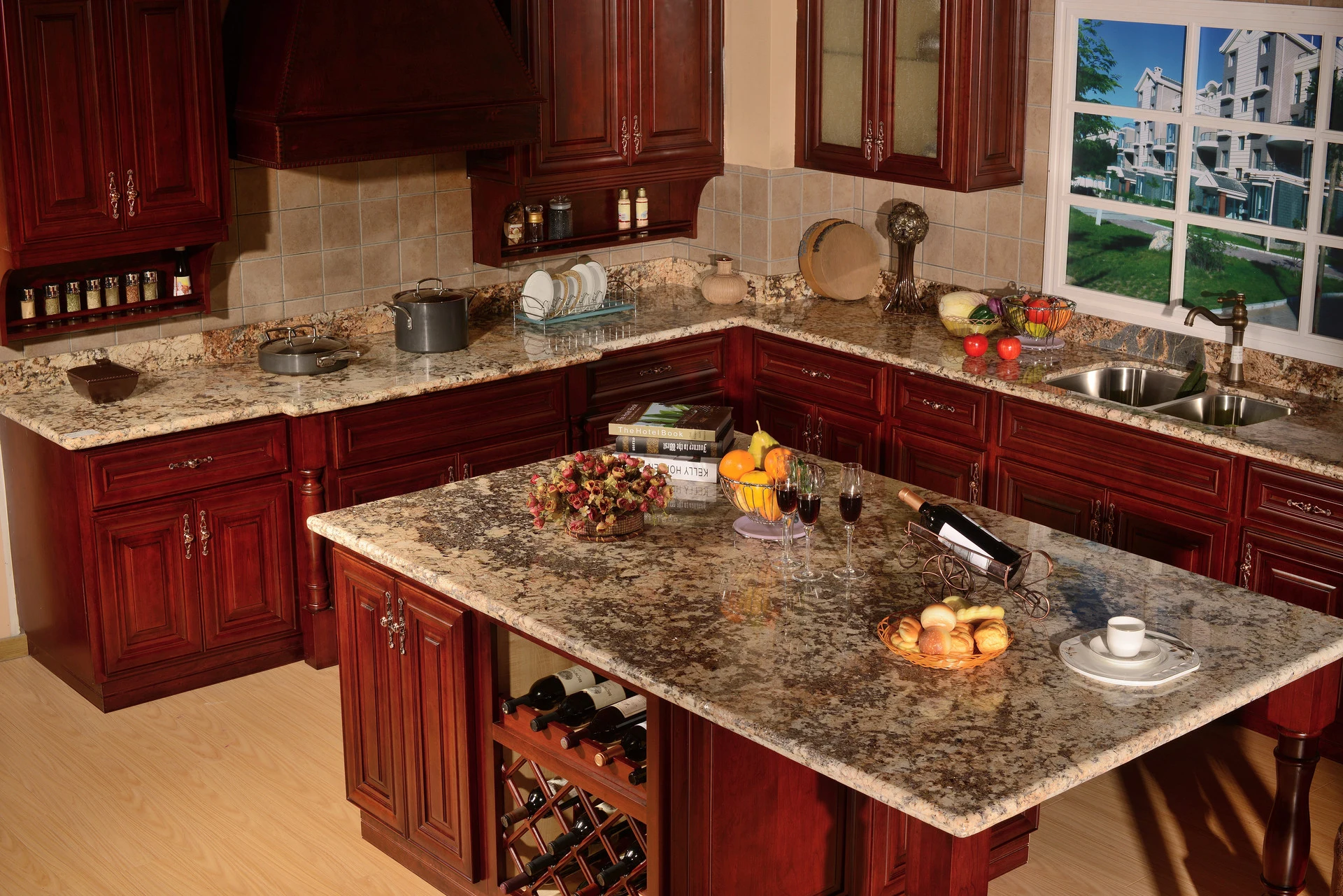 Solid cherry kitchen island with built-in wine racks and granite top by Vamaylo
