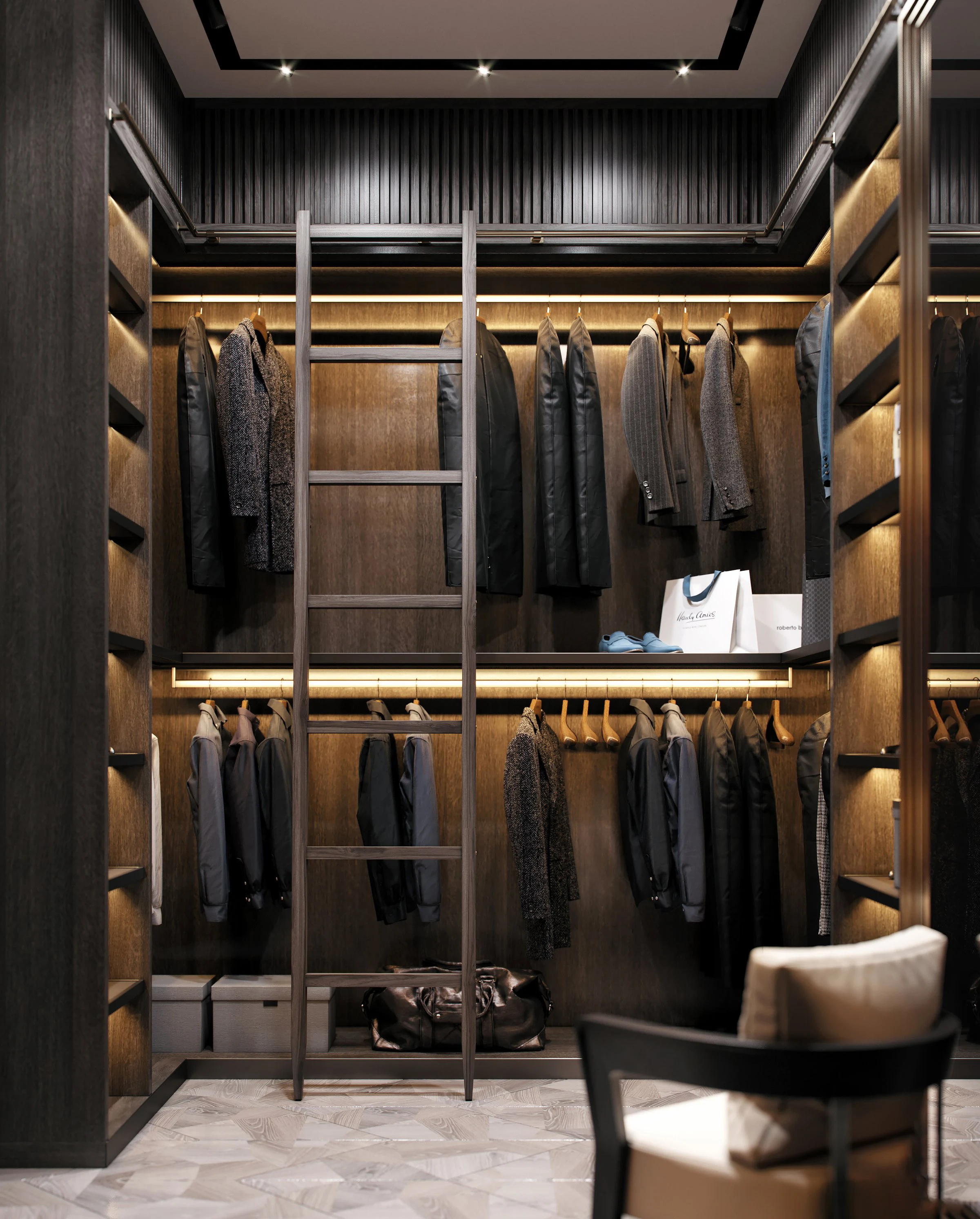 Walnut and white modular walk-in closet with LED lighting by Vamaylo